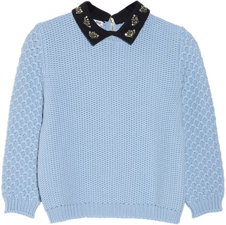 Miu Miu Jewel Collared Chunky Knit Wool Sweater in Blue (sky) - Lyst