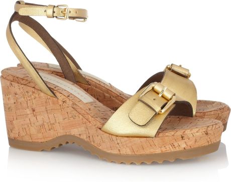 Stella Mccartney Metallic Faux Leather and Cork Wedge Sandals in Gold - Lyst