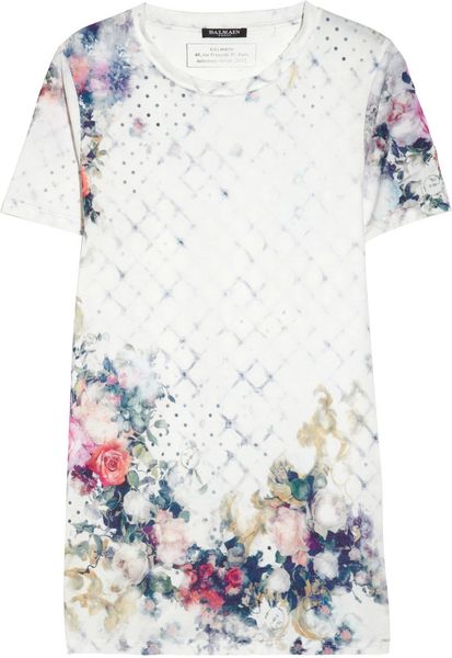 Balmain Printed Cottonjersey Tshirt in Floral (white) - Lyst
