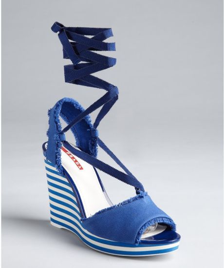 Prada Prada Sport Cobalt Canvas Striped Wedge Sandals in Blue (cobalt) - Lyst