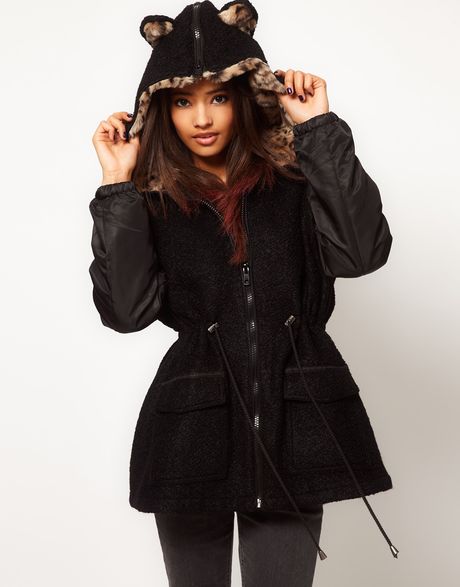 Asos Collection Asos Leopard Ears Parka in Black - Lyst