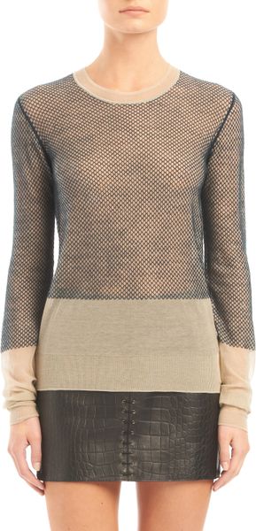 Alexander Wang Net Overlay Long Sleeve Crewneck Sweater in Gray (ink and oyster) - Lyst