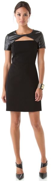 DKNY Short Sleeves Dress with Leather Trim - Lyst