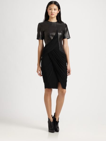 Alexander Wang Draped Leather Trim Dress in Black - Lyst