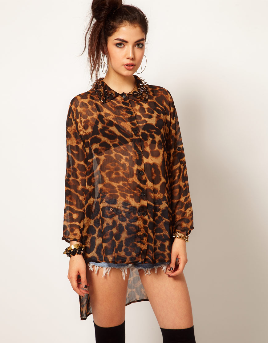 Reverse Hi Lo Stud Collar Leopard Print Shirt in Brown (leopard) | Lyst