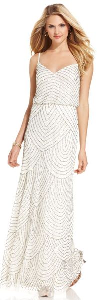 Adrianna Papell Sleeveless Spaghettistrap Beaded Blouson Evening Gown in Beige - Lyst