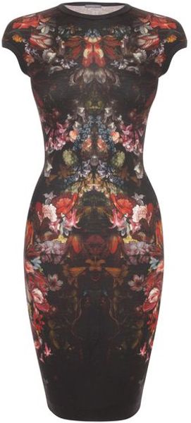 Alexander McQueen Painted Flowers Cap Sleeve Pencil Dress - Lyst