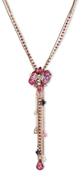 Betsey Johnson Gold Tone Fuchsia Crystal Gem Multichain Y Necklace in Gold - Lyst