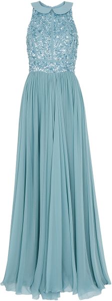 Elie Saab Beaded Top Silk Gown in Blue (silver) - Lyst