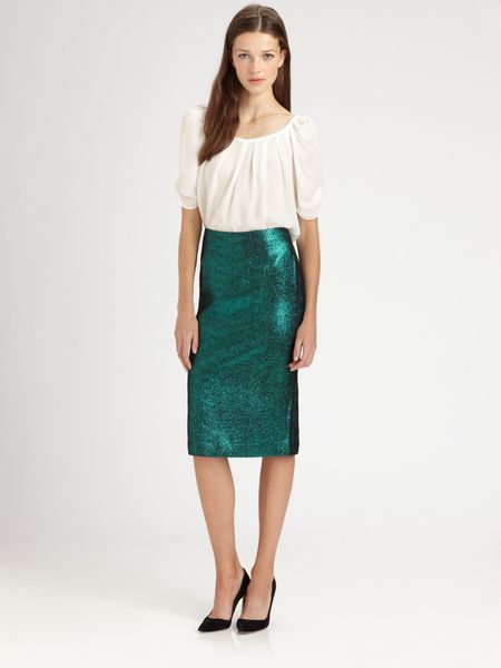 Tibi Lurex Jacquard Pencil Skirt in Green (emerald) - Lyst