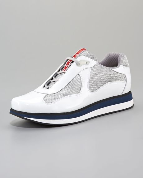 prada men's white americas cup patent leather sneakers