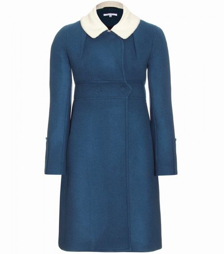 Carven Doulbebreasted Wool Coat with Wool Fleece Collar in Blue - Lyst