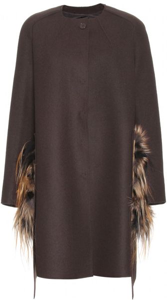 Fendi Wool Coat with Fur Trimmed Pockets in Brown - Lyst