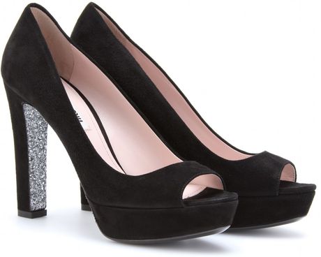 Miu Miu Suede Peeptoes with Glitter Soles in Black - Lyst