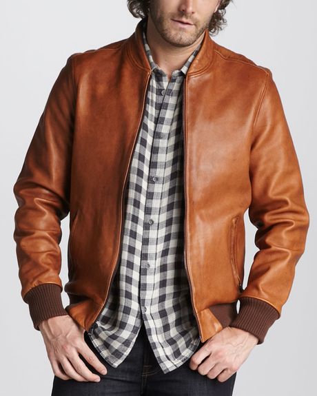 June Cognac Leather Snap Front Standing Collar Jacket in Brown (cognac