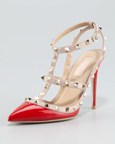 Valentino Rockstud Patent Sandal in Red - Lyst