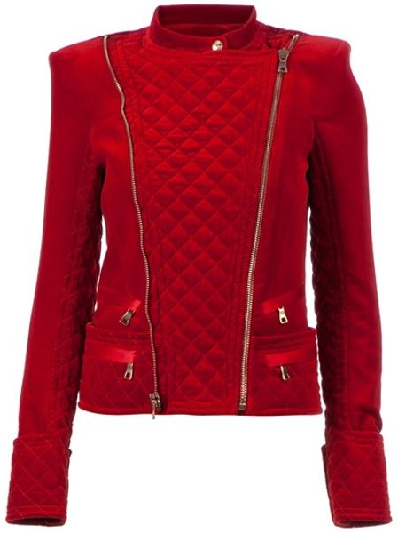 Balmain Velvet Biker Jacket in Red - Lyst