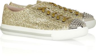 Miu Miu Studded Glitterfinished Leather Sneakers - Lyst