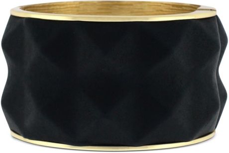 Vince Camuto Gold Tone Black Leather Hinge Cuff Bracelet in Gold - Lyst