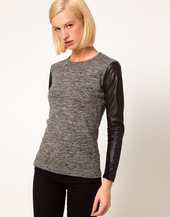 ASOS Collection Top in Knit with Leather Look Sleeves - Lyst