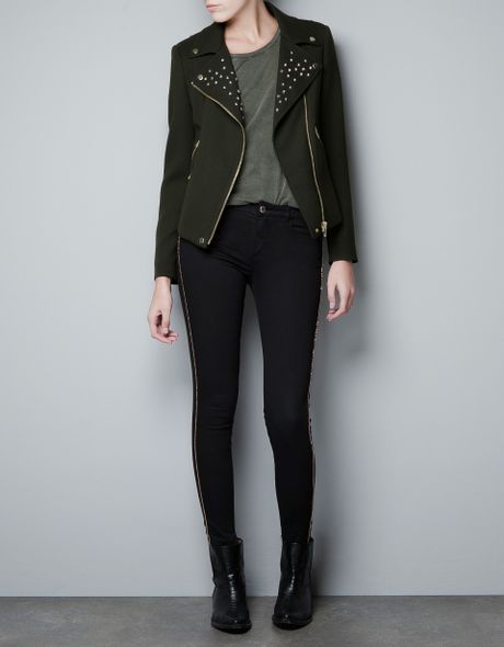 Zara Jacket with Zips and Studded Lapel in Khaki