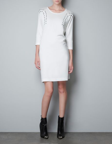 Zara Dress with Studded Shoulders in White - Lyst