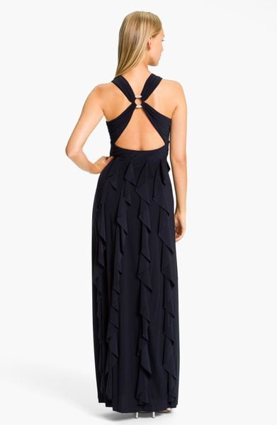 Betsy & Adam Open Back Ruffled Jersey Gown In Blue (navy) | Lyst