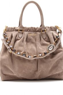 Miu Miu Suede Tote with Crystal Embellished Shoulder Strap - Lyst