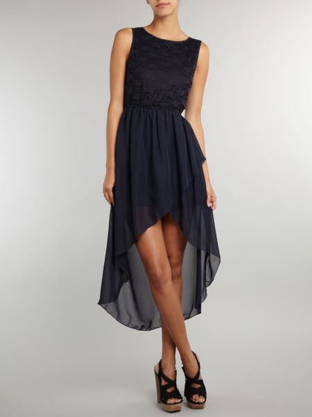 Pussycat Lace Chiffon Dip Hem Dress in Blue (navy) | Lyst