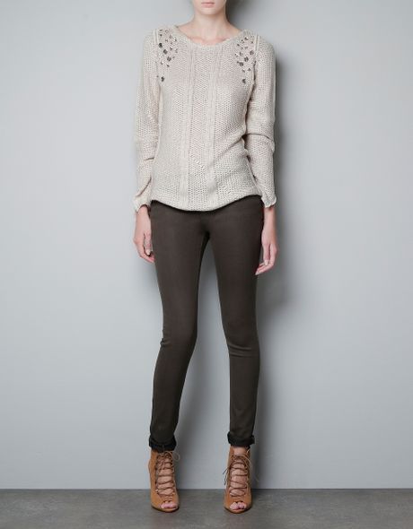 Zara Openwork Jumper with Diamante On Shoulders in Beige (pink) - Lyst