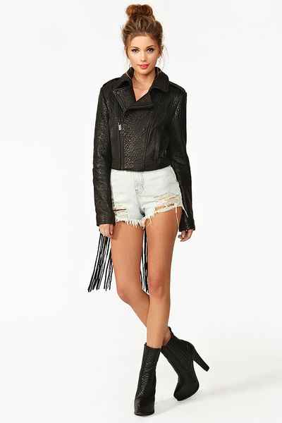 Nasty Gal Ascii Leather Moto Jacket Fringe in Black - Lyst