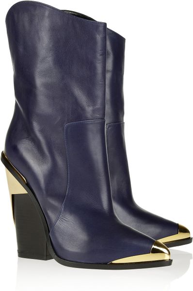 Versace Metal Trimmed Leather Mid Calf Boots in Blue (navy) - Lyst