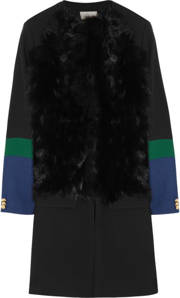 Preen Zora Shearling and Cotton Blend Twill Coat in Black - Lyst