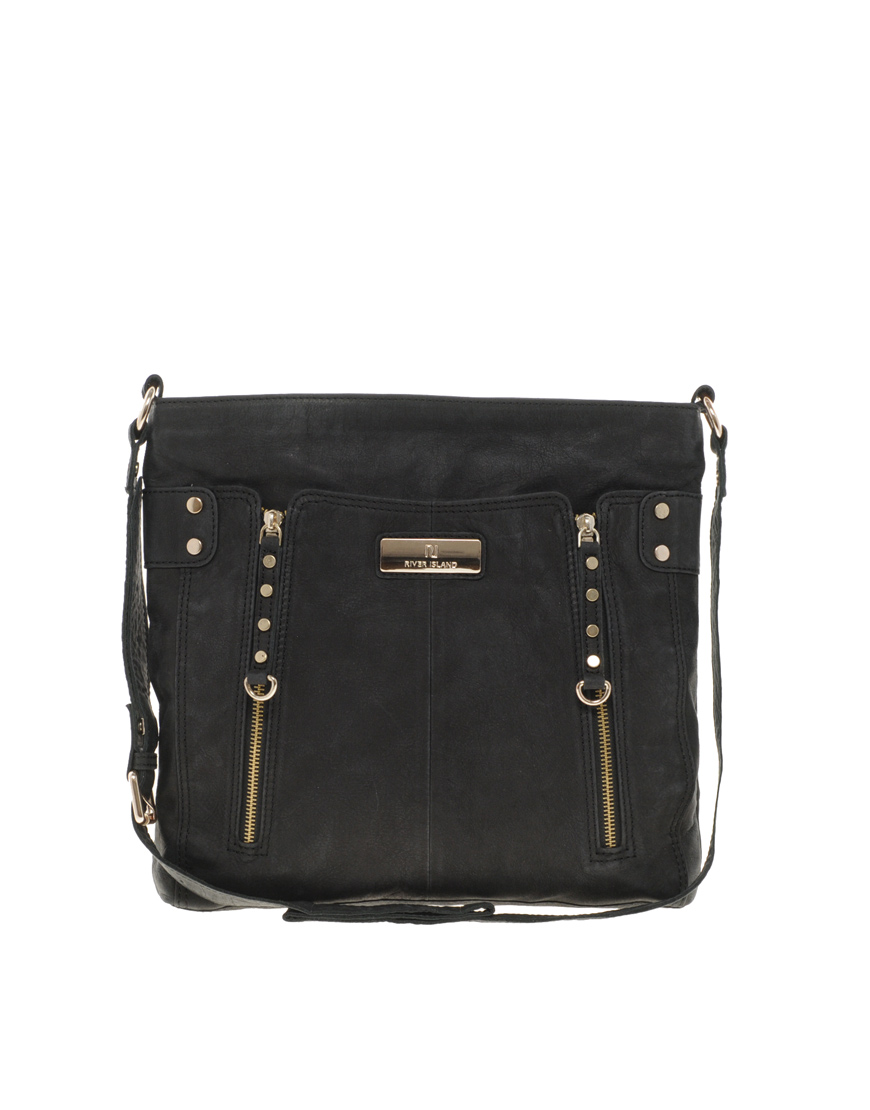 River Island Leather Messenger Cross Body Bag in Black