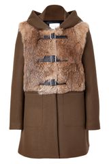 Sandro Olive Wool Coat with Fur Front