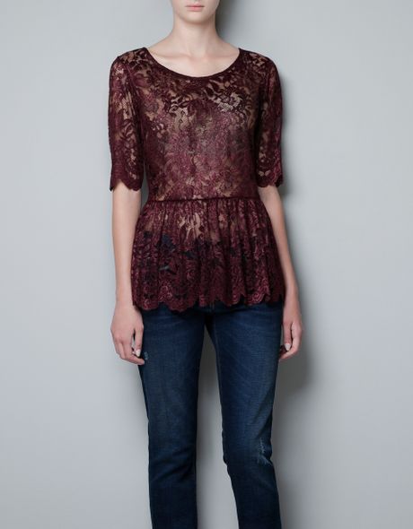 Zara Peplum Lace Top in Purple (dark maroon) - Lyst