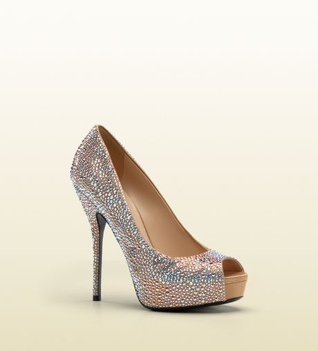 Gucci Sofia Etoile High Heel Opentoe Platform with Strass Embroidery in Beige - Lyst