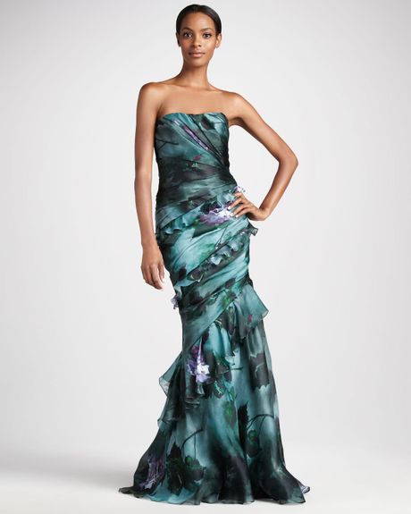 Theia Printed Ruffled Strapless Gown in Green (hunter) - Lyst
