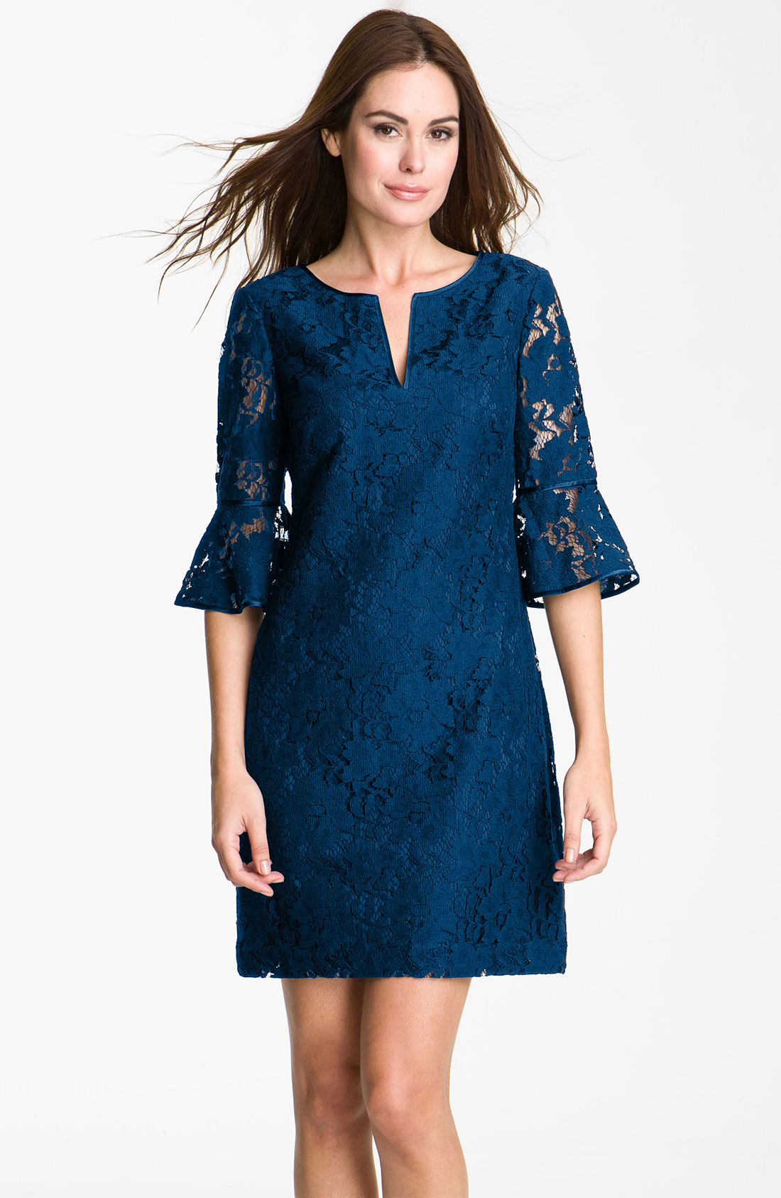 papell ruffle sleeve lace dress in blue papell ruffle sleeve lace dress in blue