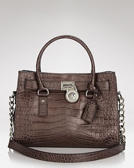 Michael Kors Michael Satchel Hamilton Shiny Round in Brown (charcoal) - Lyst