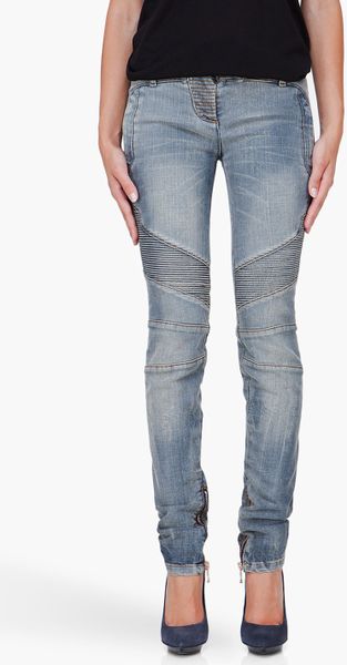 Balmain Faded Blue Biker Jeans in Blue - Lyst