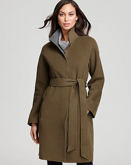 Eileen Fisher High Collar Dolman Sleeve Belted Coat in Green (cypress) - Lyst