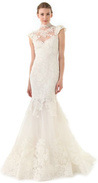 Marchesa Lace Gown with Illusion Neckline - Lyst