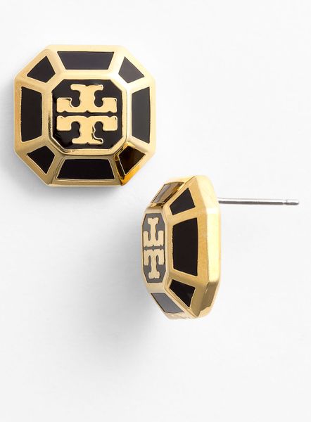 Tory Burch Rylan Logo Small Stud Earrings in Gold (black/ gold) - Lyst