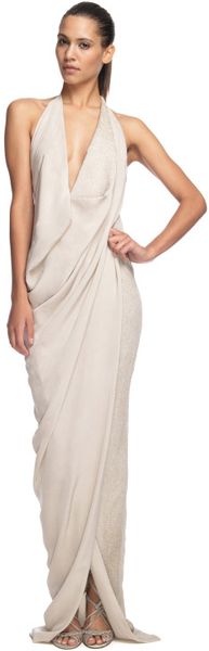 Donna Karan New York Halter Draped Evening Gown in Beige (natural) - Lyst