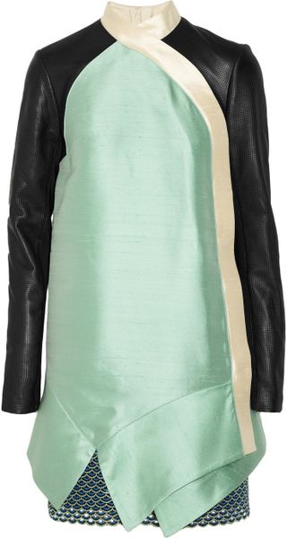 Proenza Schouler Leatherpaneled Silkshantung Dress in Green (mint) - Lyst