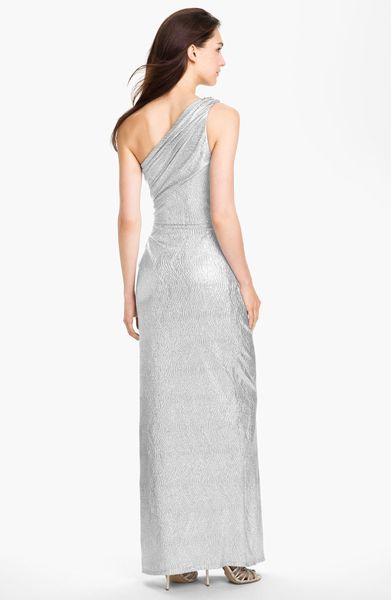 Betsy And Adam One Shoulder Shirred Metallic Gown In Blue Silver Lyst