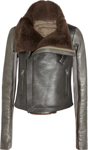 Rick Owens Metallic Leather and Shearling Biker Jacket in Silver - Lyst