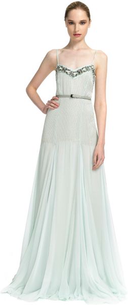 Carolina Herrera Ss Chiffon Spaghetti Strap Vneck Embroidered Gown - Lyst