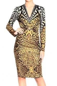 Roberto Cavalli Long Sleeve V Neck Jaguar Print Buckle Dress - Lyst